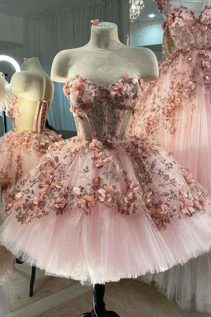 Blush Pink Flowers Applique Ball Gown,A Line Tulle Prom Dresses,Quinceanera Dresses Y388