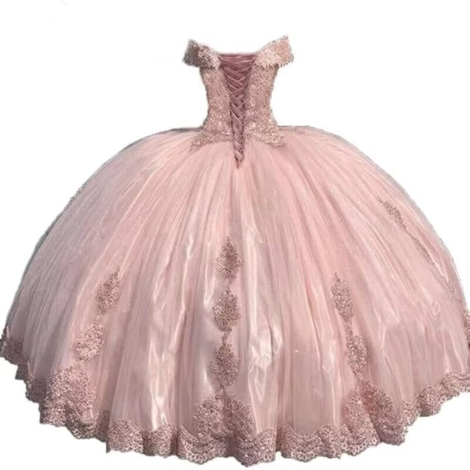 Sweet Pink Off The Shoulder Tulle LaceAppliques Ball Gown Quinceanera Dress Y7728