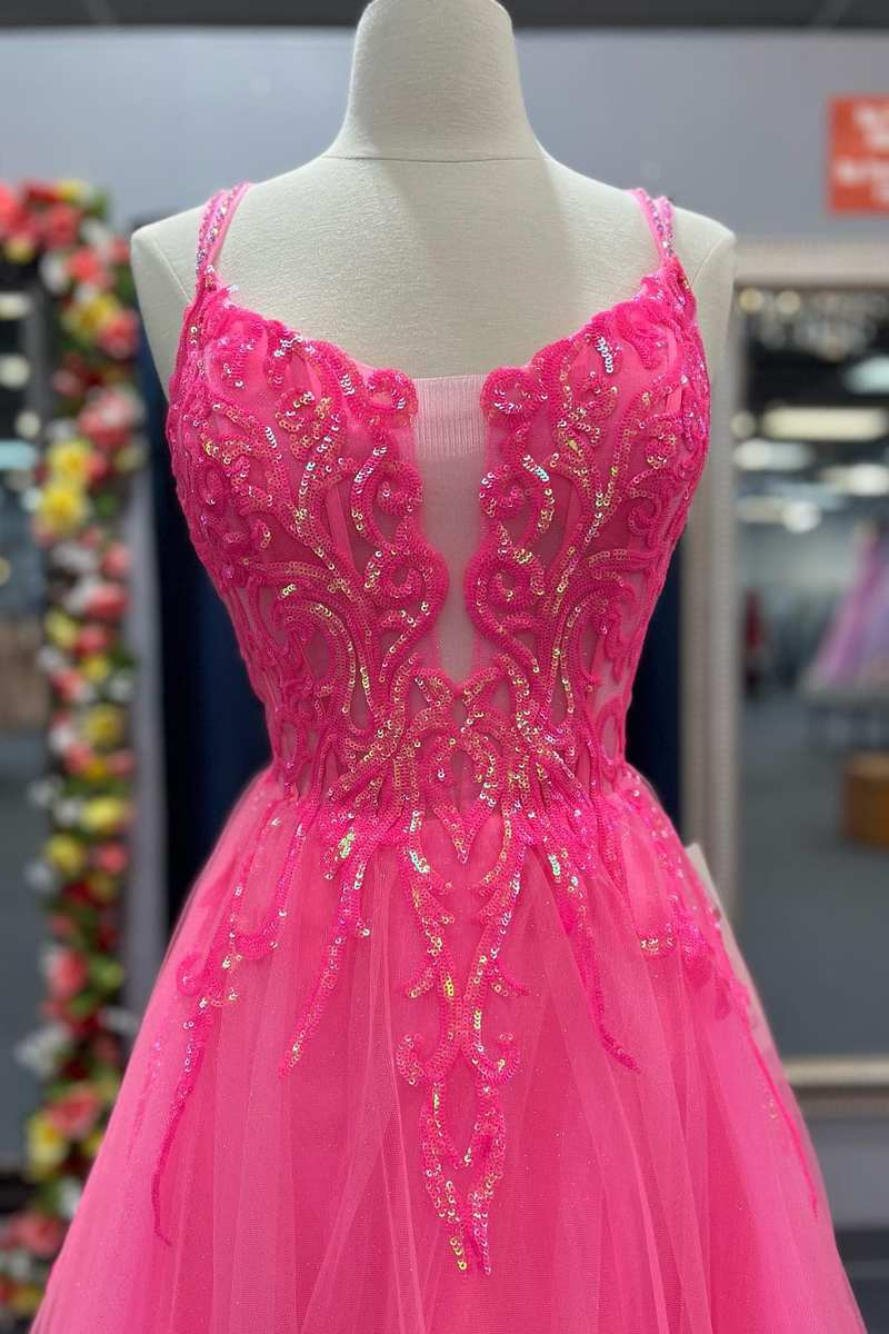 Hot Pink Tulle Appliques Lace-Up A-Line Long Prom Dress Y2791