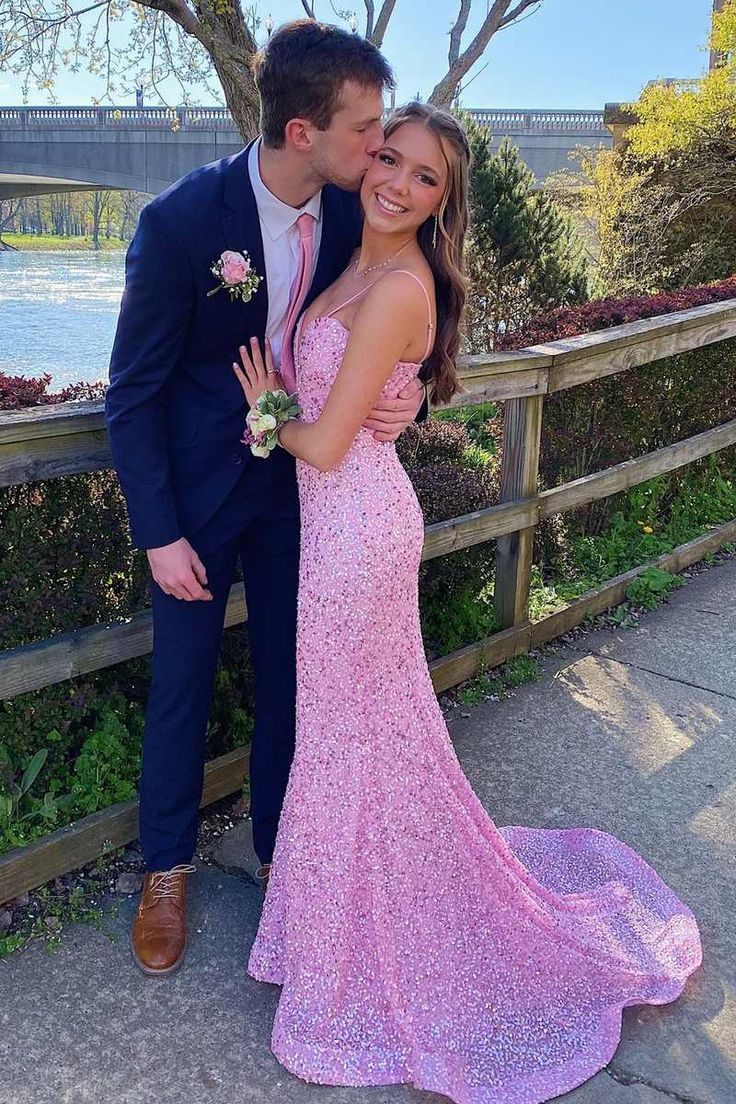 Pink Sequin Plunge V Mermaid Long Prom Dress Y5435