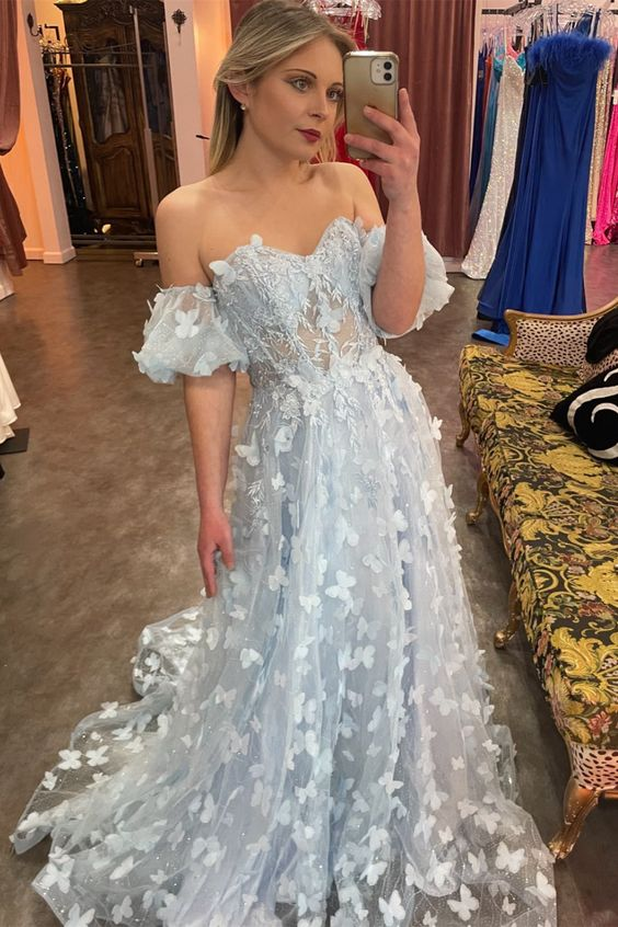 Light Blue Off-the-Shoulder A-line Butterfly Tulle Long Prom Dress Y4685