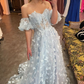 Light Blue Off-the-Shoulder A-line Butterfly Tulle Long Prom Dress Y4685