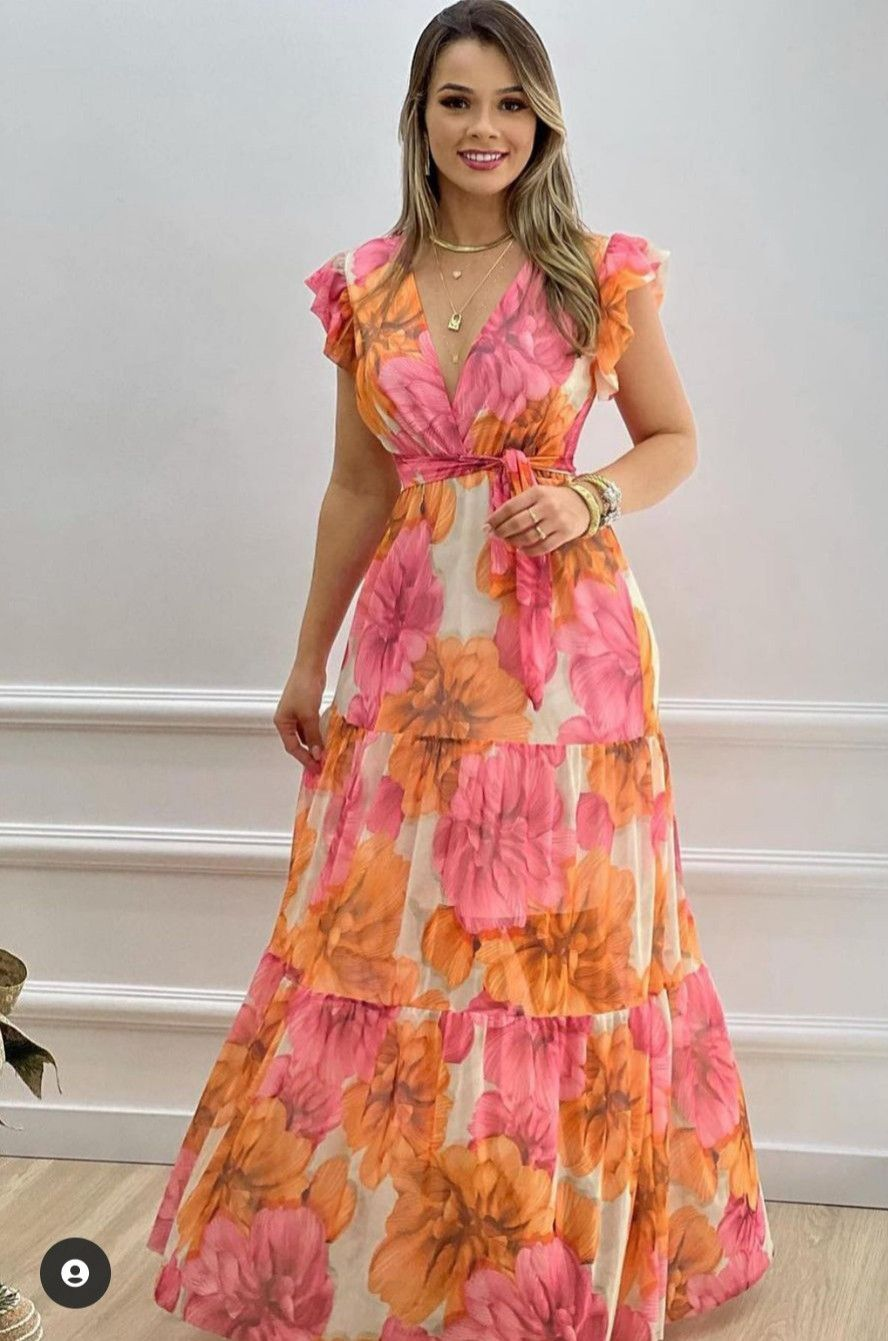 Women's Elegant Deep V Neck Cap Sleeves Floral Print Prom Dress,Summer Beach Dress Y5088