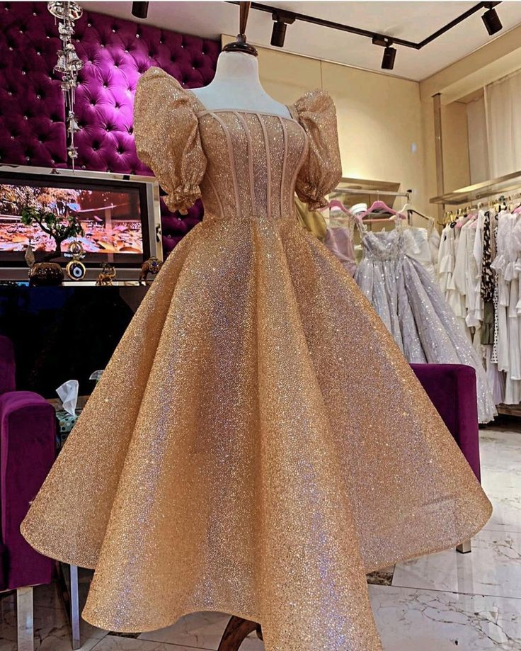 Elegant Gold Sequins Princess Puffy Short Sleeves Tea Length Prom Dress Y5019