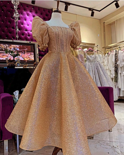 Elegant Gold Sequins Princess Puffy Short Sleeves Tea Length Prom