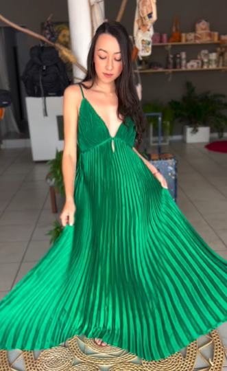 Green Spaghetti Straps Pleated V Neck Party Prom Dress A Line Evening Gown Y7958