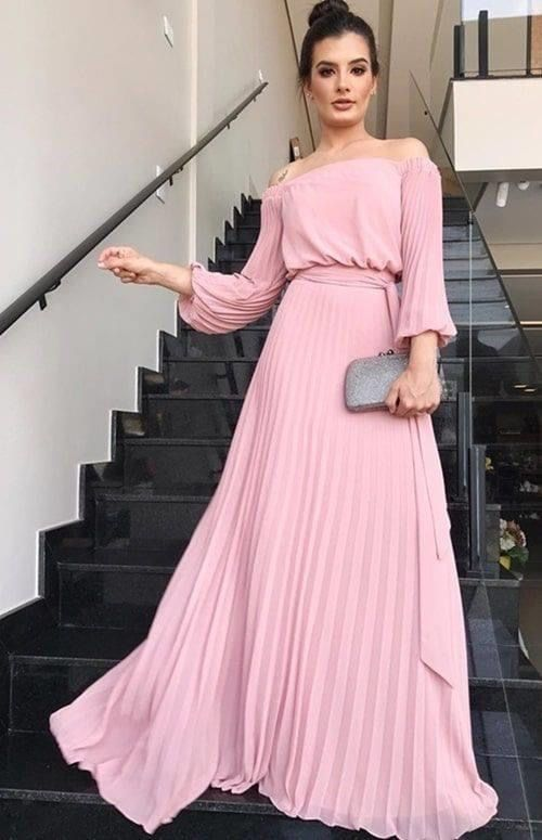 Pink Pleated Prom Dress With Long Sleeves,Bridesmaid Dress Y5072