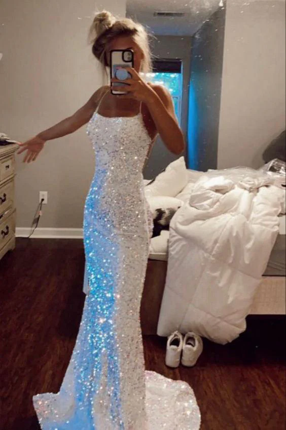 Sparkly Spaghetti Straps Mermaid White Sequin Prom Evening Dress Y8071