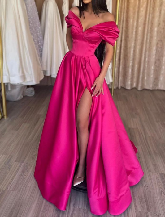 Stylish A-Line Off the Shoulder Satin Long Prom Dress,Hor Pink Pleats Evening Dress With Slit  Y7644