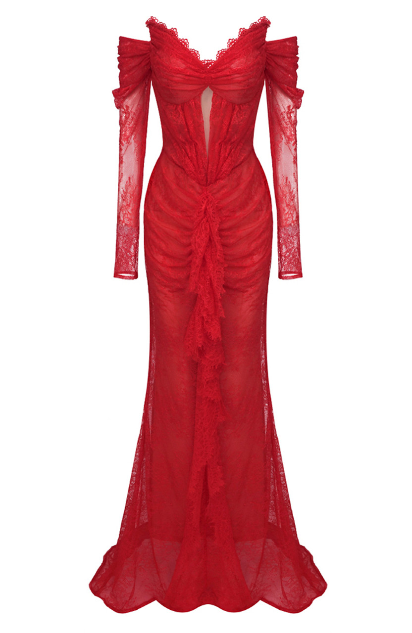 Gorgeous Lace Pleated Red Evening Dress Elegant Prom Dress Y7694