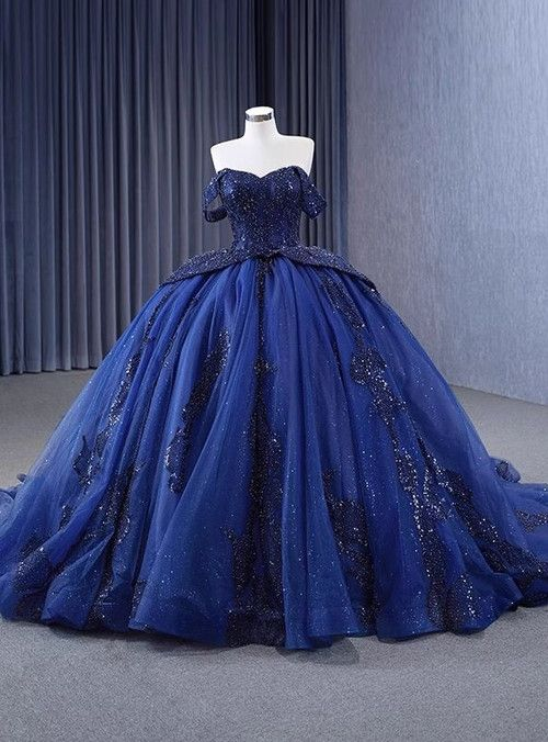 Luxurious Off The Shoulder Sequins Beaded Tulle Ball Gown Navy Blue Birthday Prom Dress Y7681