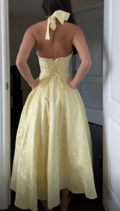 Deep V Neck Halter Yellow Satin A Line Prom Dress Long Evening Dress  Y7499