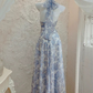 French Halter V Neck Print Floral Long Prom Dress Chiffon Evening Dress Y7565