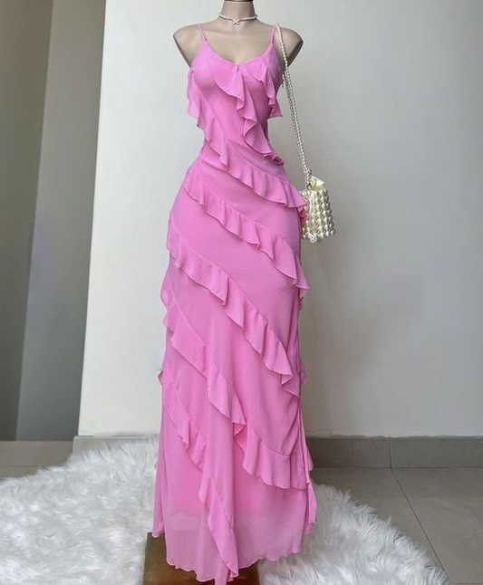 Elegant Straps Sheath Chiffon Formal Prom Dress Pink Ruffles Long Party Dress Y7561