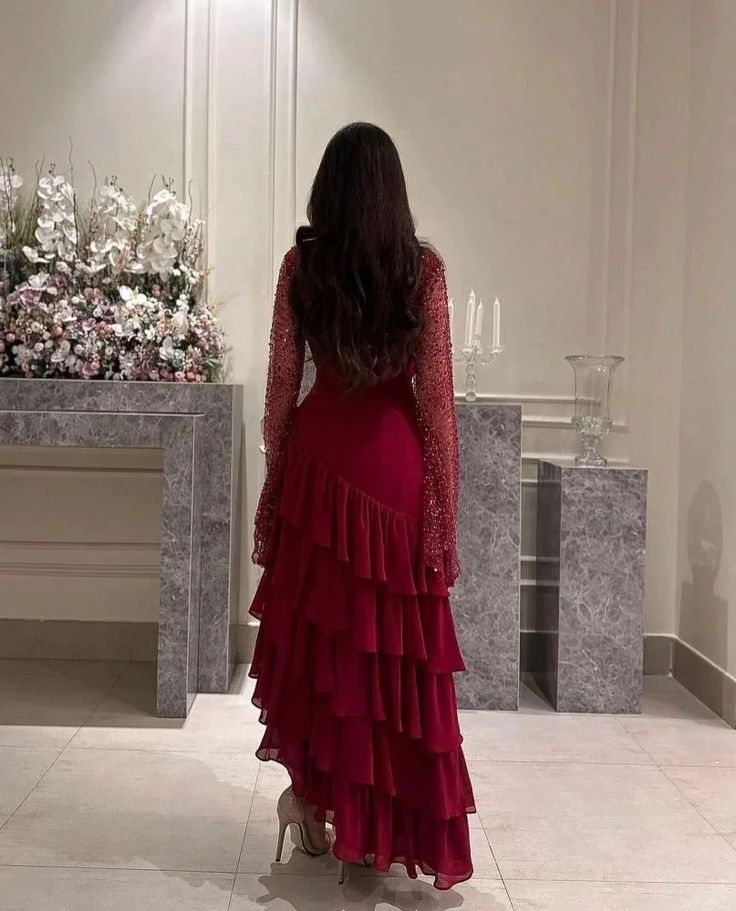 Women's Sequin Prom Dress Chiffon Tiered Burgundy Evening Dress Y7616