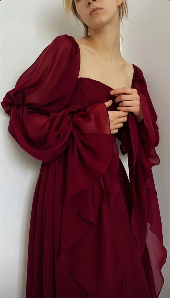 Vintage Romantic A-Line Burgundy Prom Dress Evening Dress Y7583