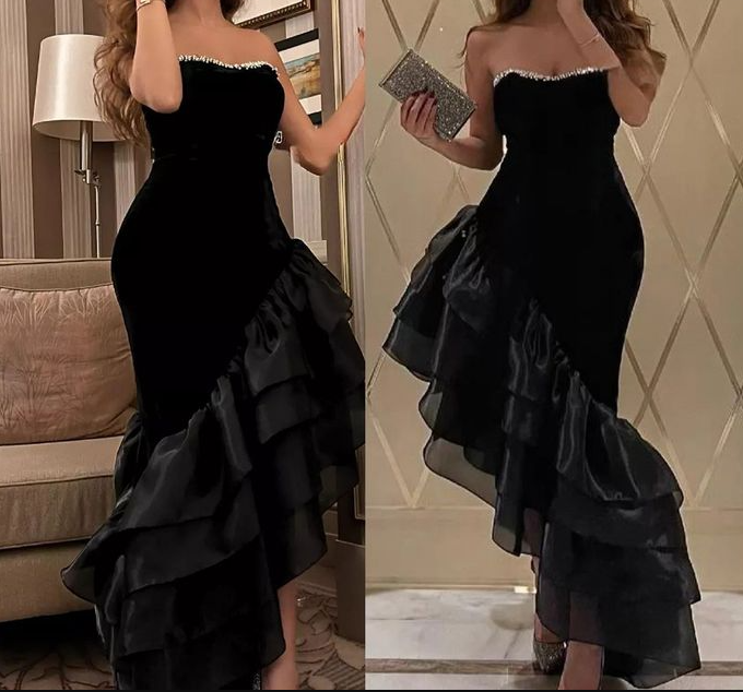 Sexy Strapless Black Mermaid Ruffles Evening Dress  Formal Prom Dress Y7697