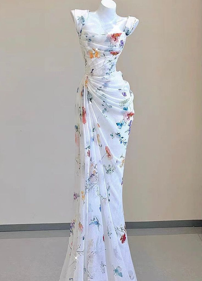 Beautiful Chiffon Pleated Print Floral Prom Dress Mermaid Formal Evening Dress Party Gown Y7564