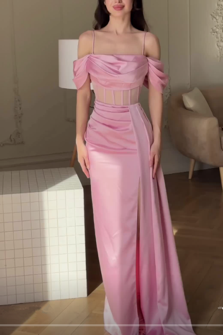 Elegant Pink Off The Shoulder Mermaid Prom Dress Slit Evening Dress Y7625