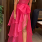 Cute Pink Strapless Long Prom Dress Tiered Evening Gown With Slit  Y7689