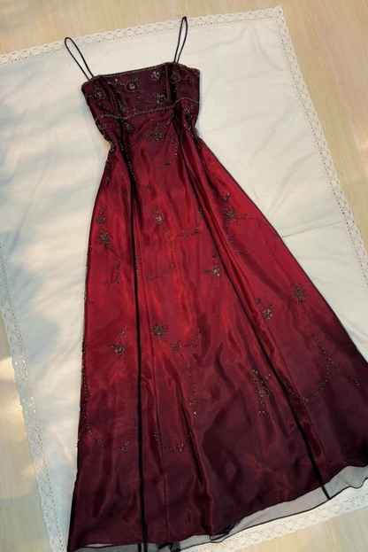 Vintage Burgundy Tulle Beaded A Line Prom Dress Evening Dress Y7684