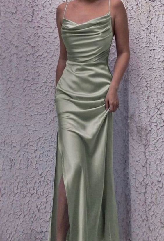 Simple Satin Slit Long Prom Dreess Blue Spaghetti Straps Party Evening Gown Y7570