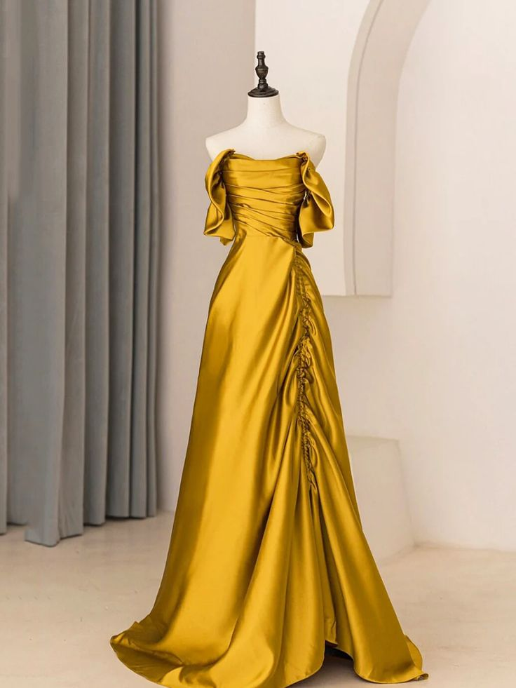 Unique A-Line Satin Long Prom Dress Off The Shoulder Pleated Evening Dress Y7599