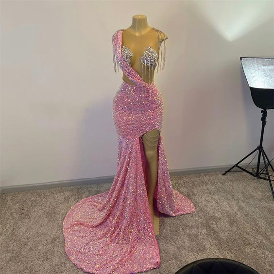 Glitter Pink Sequins Prom Dresses For Black Girls Tassels Luxury Dress For Gala Party 2023 Split Slit Long Mermaid Evening Gowns Y1871