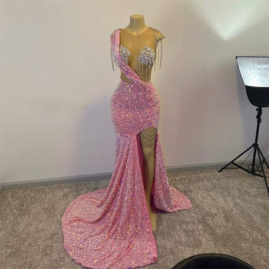 Glitter Pink Sequins Prom Dresses For Black Girls Tassels Luxury Dress For Gala Party 2023 Split Slit Long Mermaid Evening Gowns Y1871