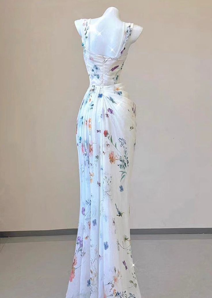 Beautiful Chiffon Pleated Print Floral Prom Dress Mermaid Formal Evening Dress Party Gown Y7564