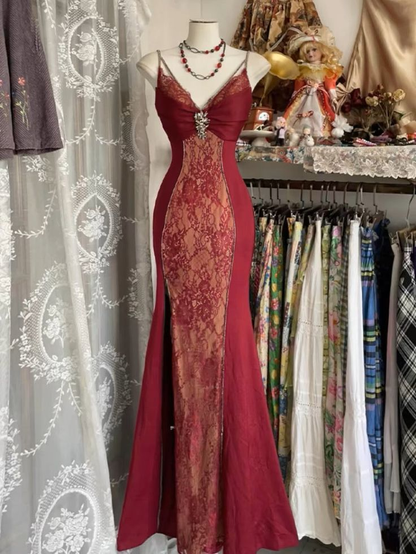 Charming Burgundy Lace Mermaid Evening Dress Straps Prom Dress Y7685