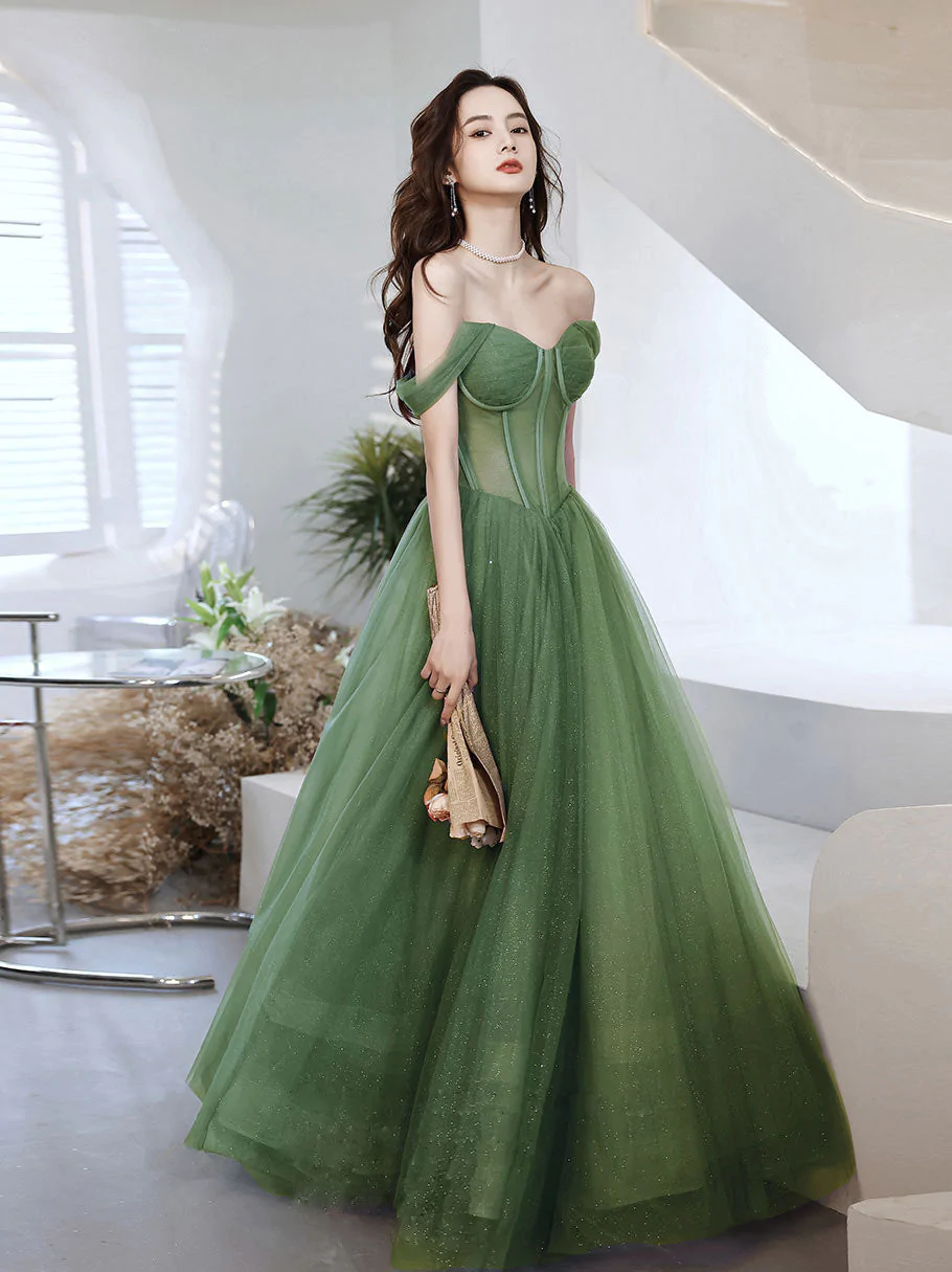 Green Sweetheart Neck Tulle Long Prom Dress, Green A line Formal Dresses Y1841