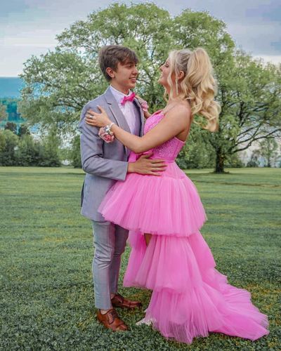 High Low Hot Pink Tiered Prom Dress with Spaghetti Straps Y457