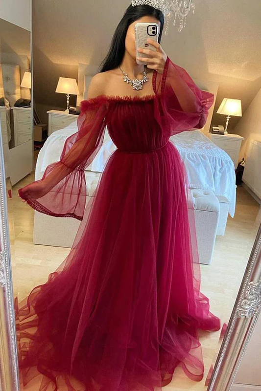 Burgundy tulle prom dress one shoulder evening dress S19581 –  Simplepromdress