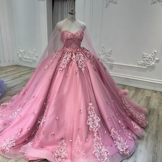 Sweetheart Pink Tulle Lace Ball Gown With Tulle Cape Sweet 16 