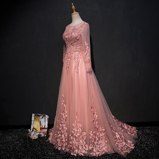 CHIC A-LINE SCOOP FLOOR LENGTH PINK TULLE APPLIQUE PROM DRESS EVENING DRESS Y1177