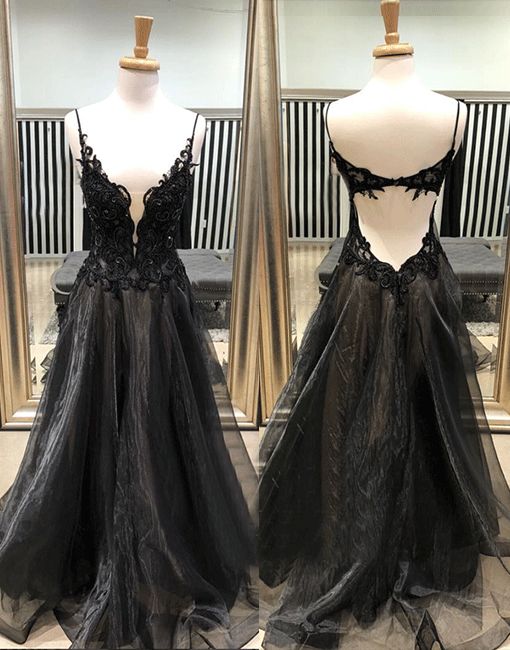 Black v neck lace tulle long prom dress, black evening dress Y1147