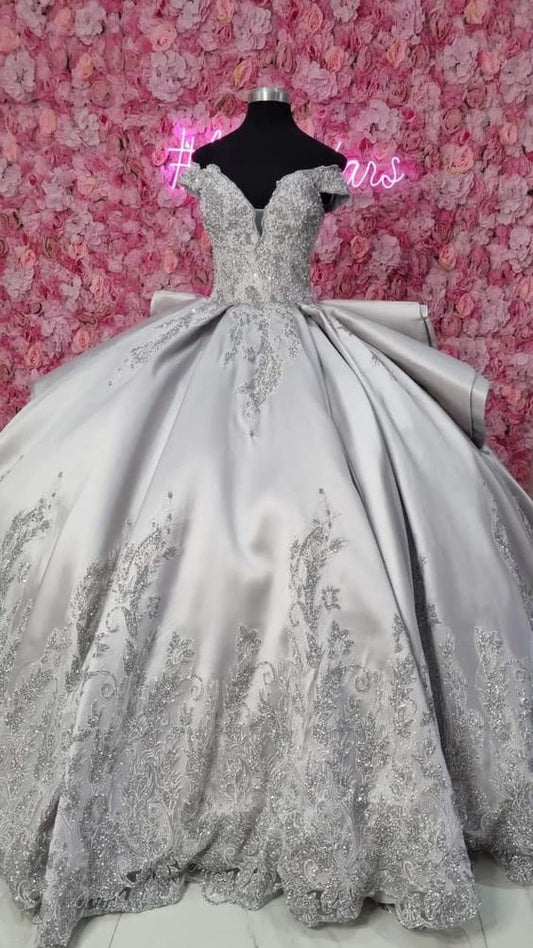 Luxurious Off The Shoulder Silver Quinceanera Dress,Silver Ball Gown Y1157