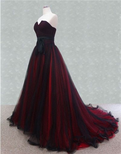 Strapless Black and Red Tulle Sweep Train Prom Dress Y1155