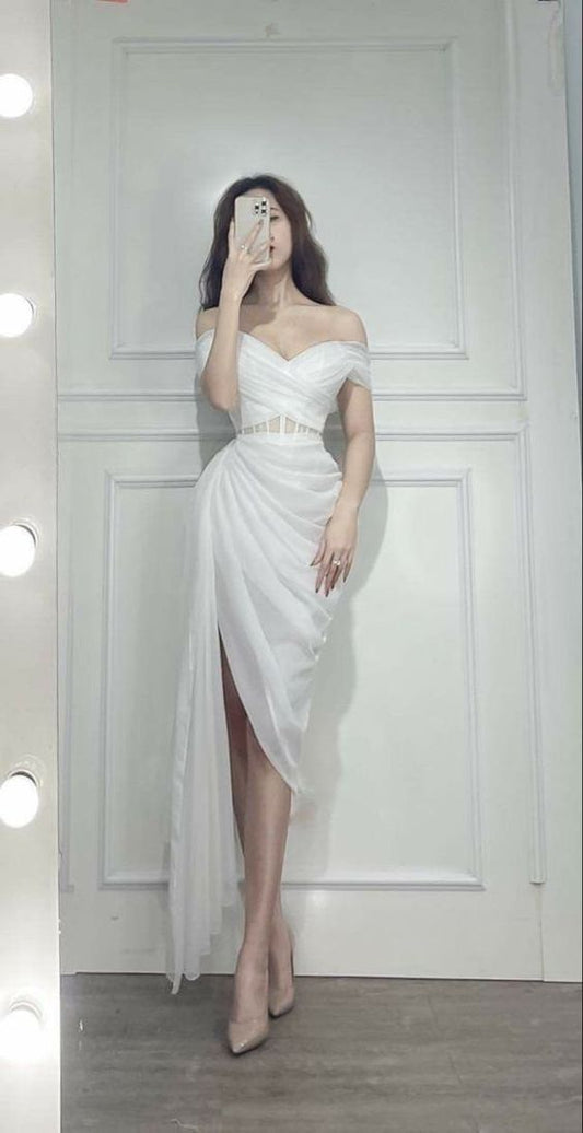 Charming Off The Shoulder White Party Dress With Pleated,Elegant White Prom Dress  Y1141