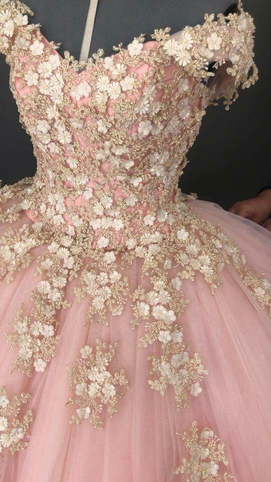 Pink Tulle Appliques Ball Gown Sweet 16 Dress Y724