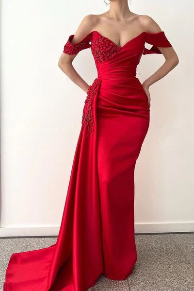 Off-the-shoulder Burgundy Beaded Long Prom Dress with Half Train Y151