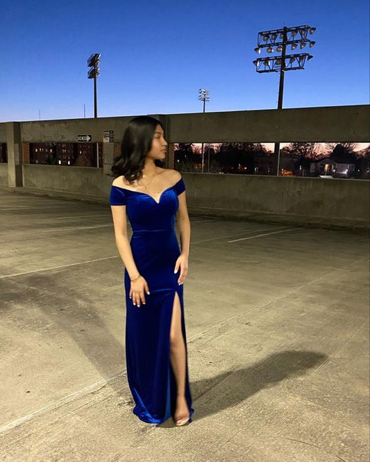 Off The Shoulder Royal Blue Floor Length Evening Dress With Side Slit Y713