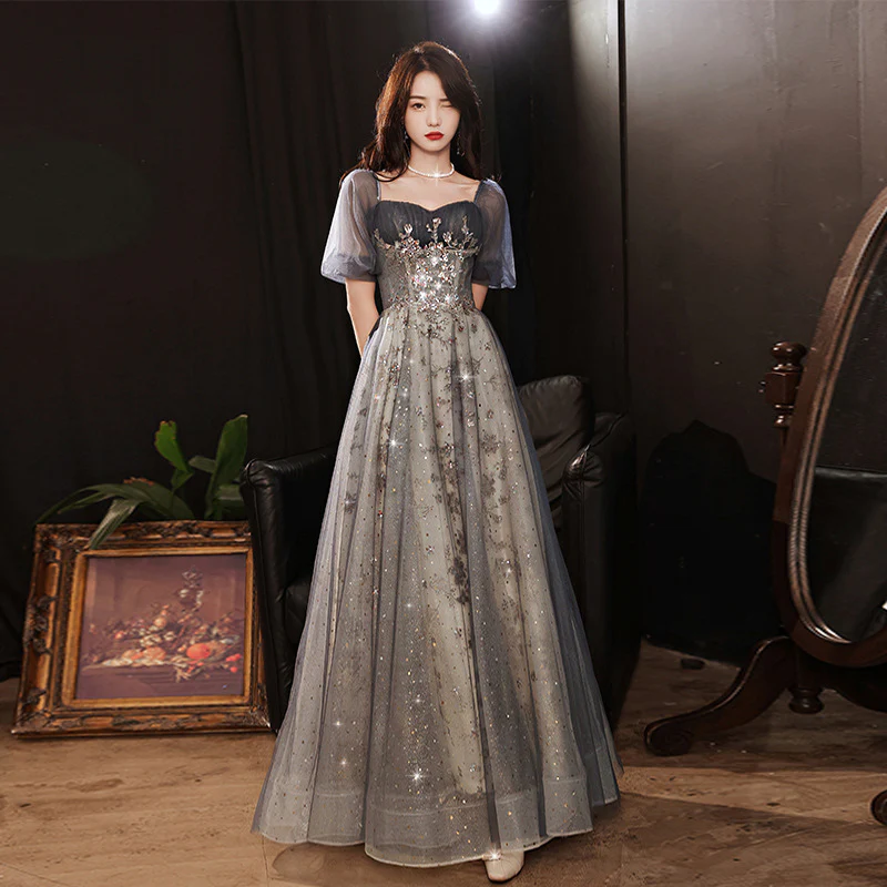 Elegant A-Line Grey Tulle Short Sleeves Long Party Dress, Grey Evening Dress Y1507