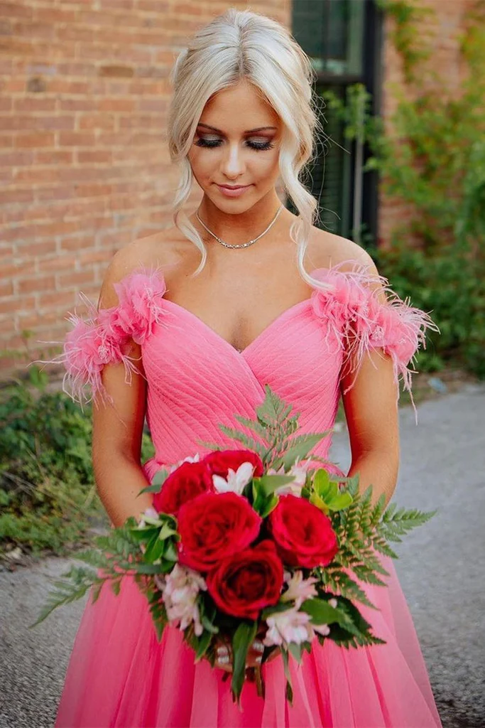 Off Shoulder Hot Pink Tulle Long Prom Dress Long Hot Pink Tulle Forma Simplepromdress 