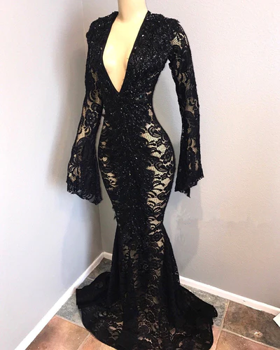 Sexy Long Sleeves Black Mermaid Prom Dress Lace V-neck Long Y1859