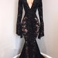 Sexy Long Sleeves Black Mermaid Prom Dress Lace V-neck Long Y1859