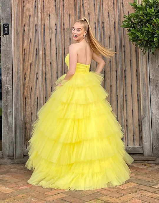 Yellow Long Sweetheart Tulle Princess Prom Dresses Y1883