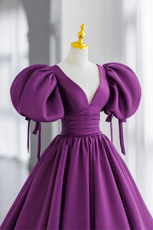 Purple Puff Sleeves Satin Long Prom Dress, V-Neck Evening Dress Y856