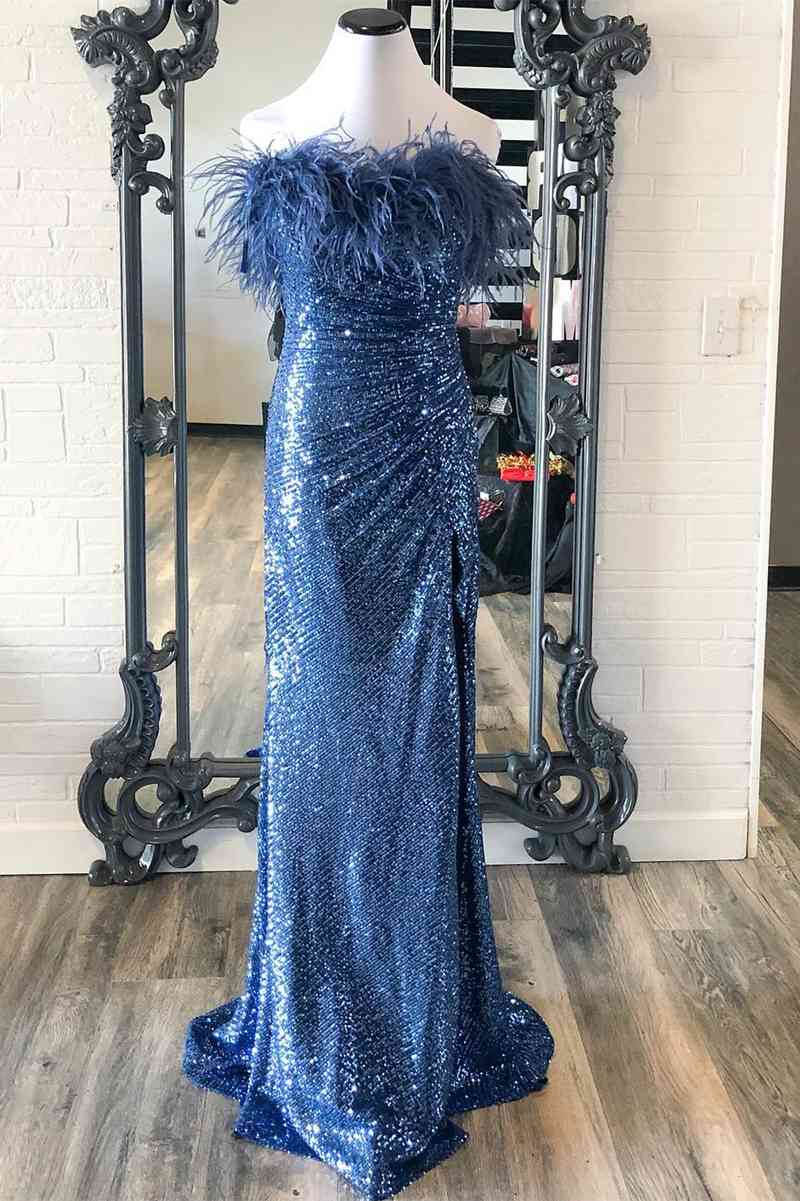 Sequins Blue Strapless Feather Long Prom Dress with Slit Y1863